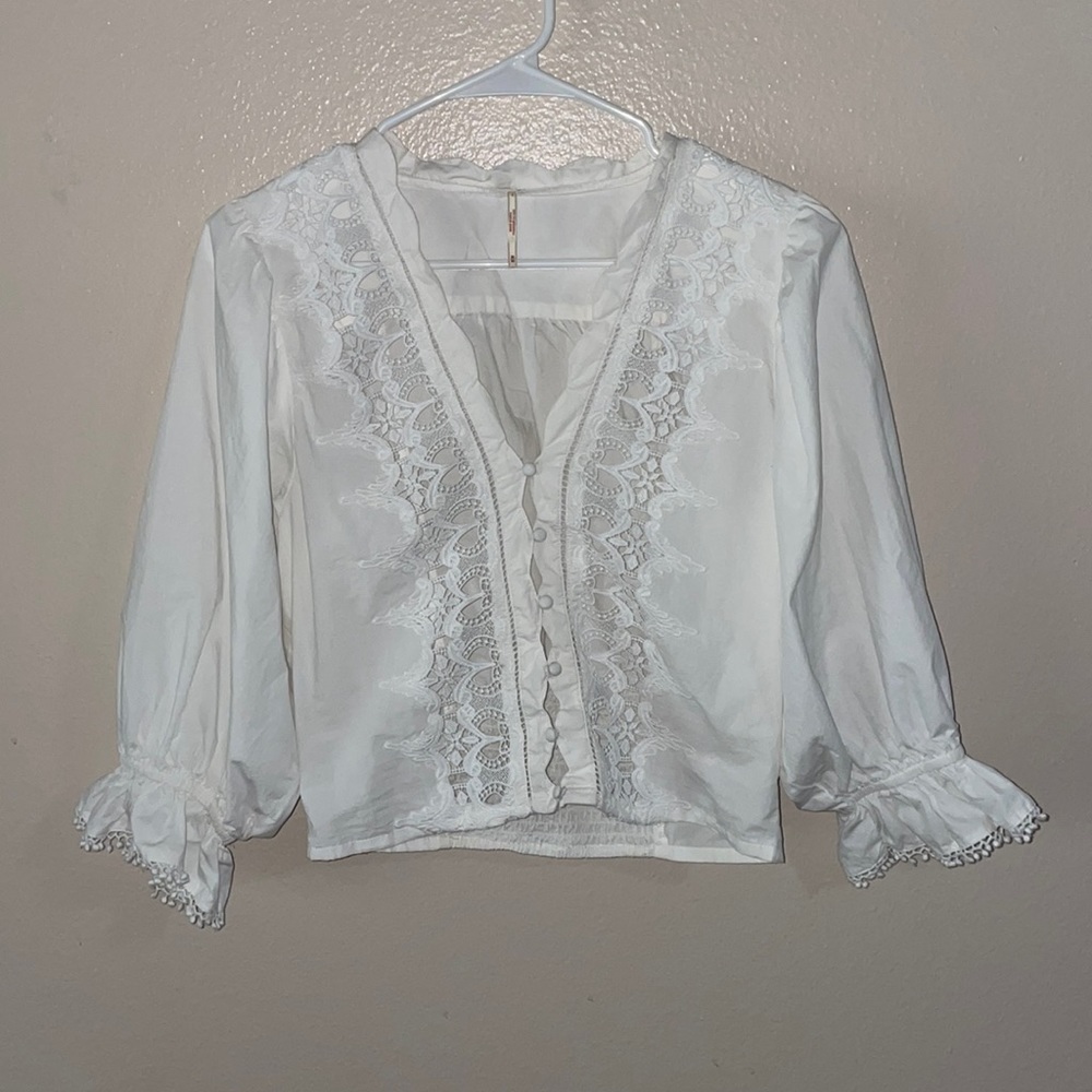 Free People Lace Blouse White Puff Sleeve